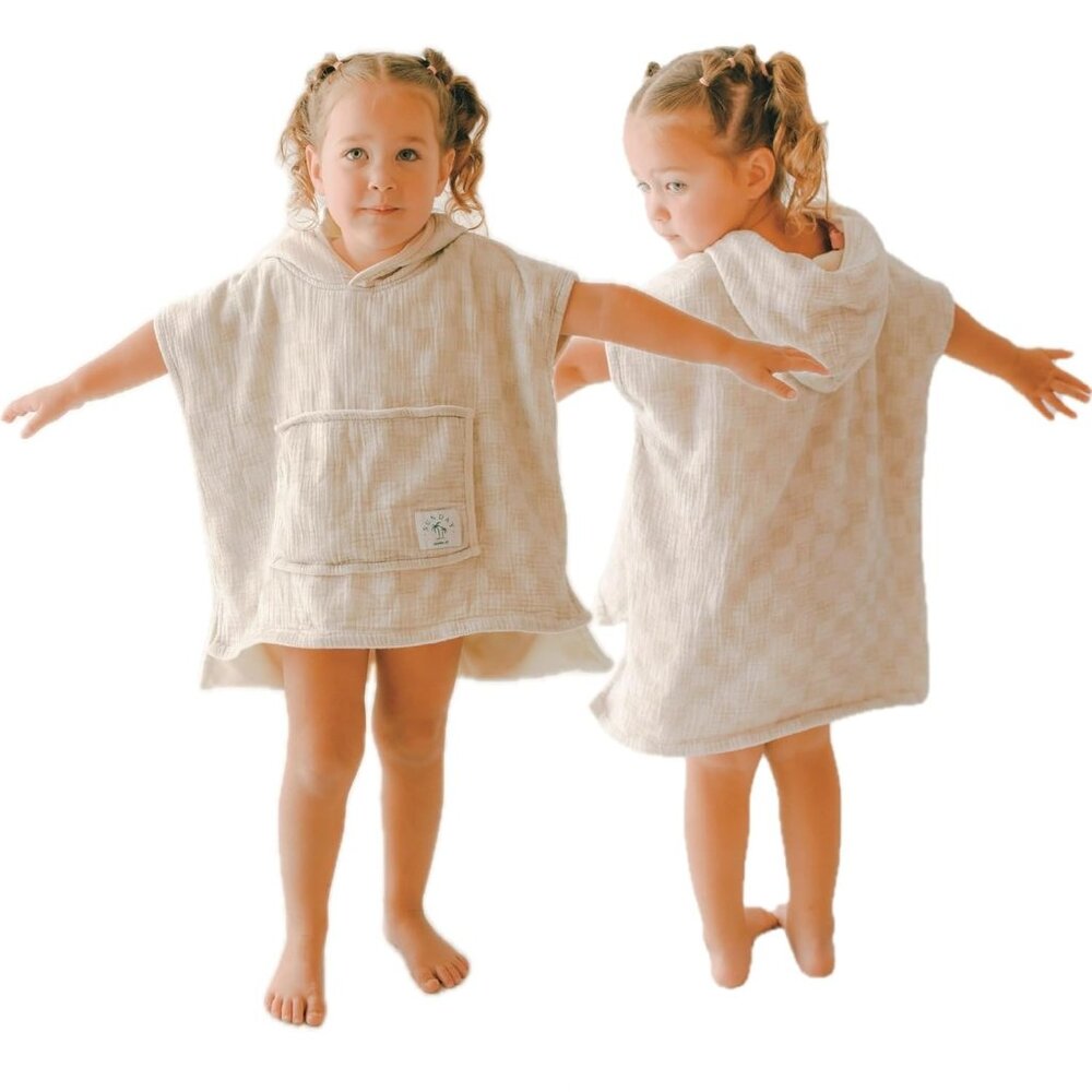 Sunday Swim Co Hooded Poncho Towel for Toddlers, Muslin Cotton,4-5T, Beige Check